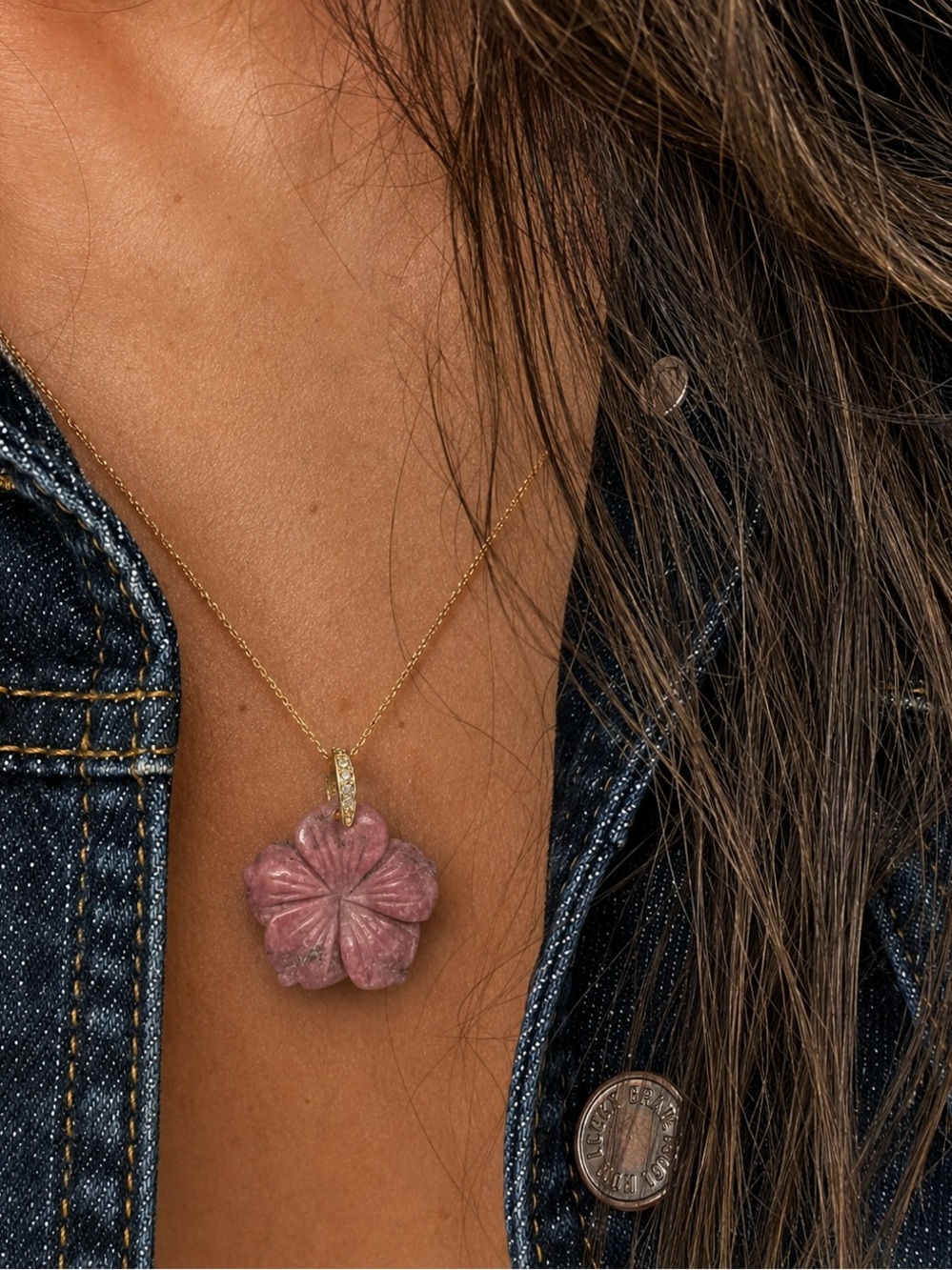 Freida Rothman Vault Hand-Carved Rose Quartz Flower Pendant Brass Based - Picture 6 of 7